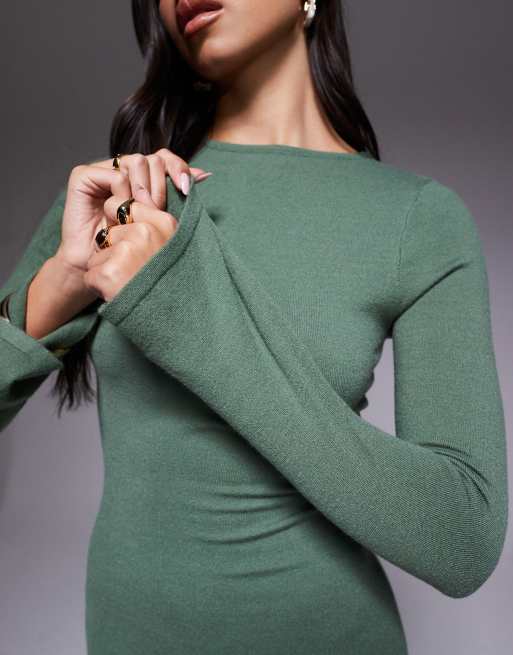 Kaiia - Vestito lungo fasciante in maglia kaki con maniche scampanate, 4 di 4