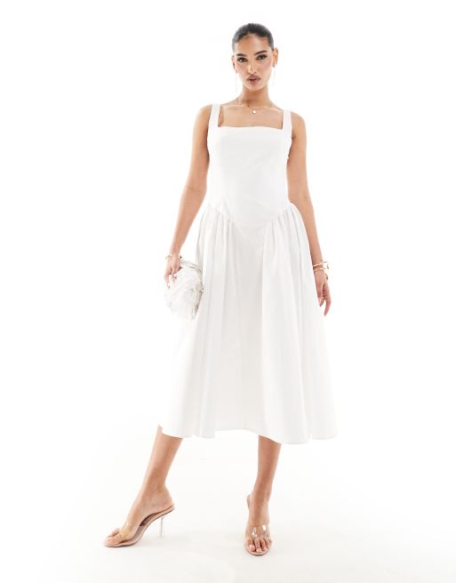 Kaiia - Vestito midi con scollo squadrato bianco con fondo a sbuffo