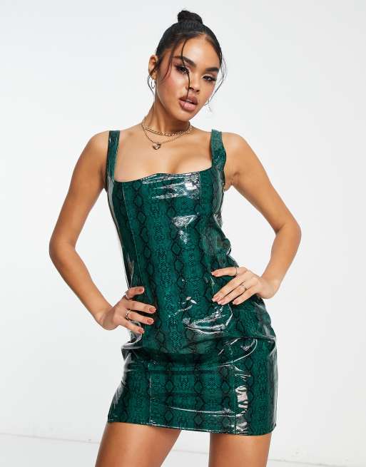 Kaiia vinyl corset detail mini dress in green snake ASOS