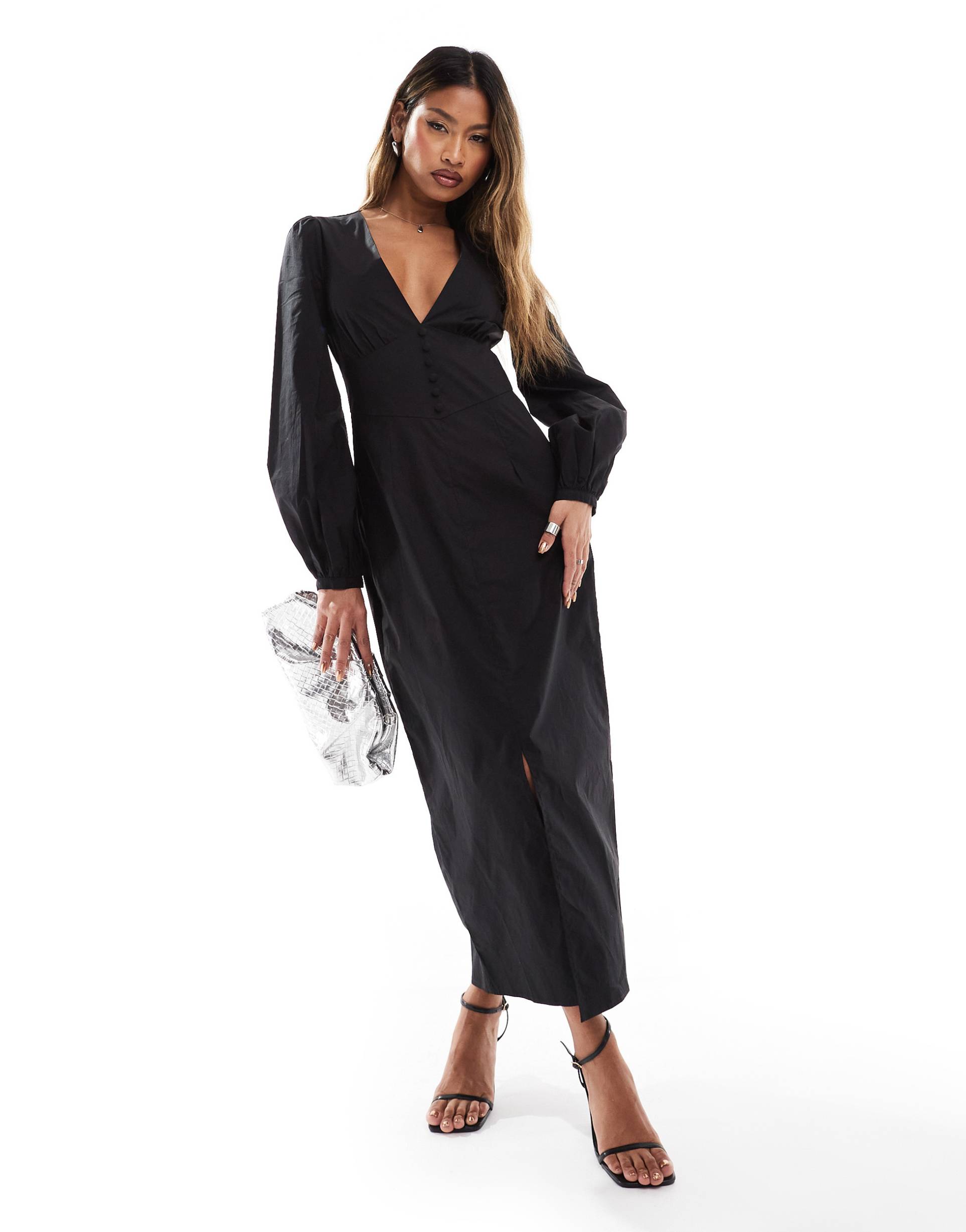 kaiia volume sleeve plunge neck button detail maxi dress in black