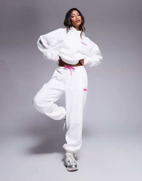 Kaiia wavy back print logo hoodie, baby tee and trackies set in white and pink - view 1