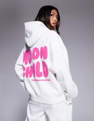 Kaiia Wavy Back Print Logo Hoodie In White And Pink - Part Of A Set