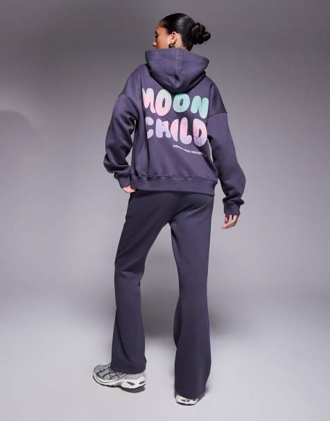 Kaiia wavy back print oversized t-shirt, hoodie and jogger co-ord in charcoal - view 1