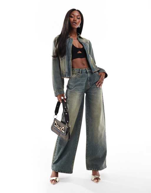 Kaiia – Weit geschnittene Denim-Jeans in dunkelblauer Bleichwaschung, Kombiteil