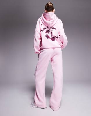 Shop Kaiia Wide Leg Contrast Logo Sweatpants In Pink