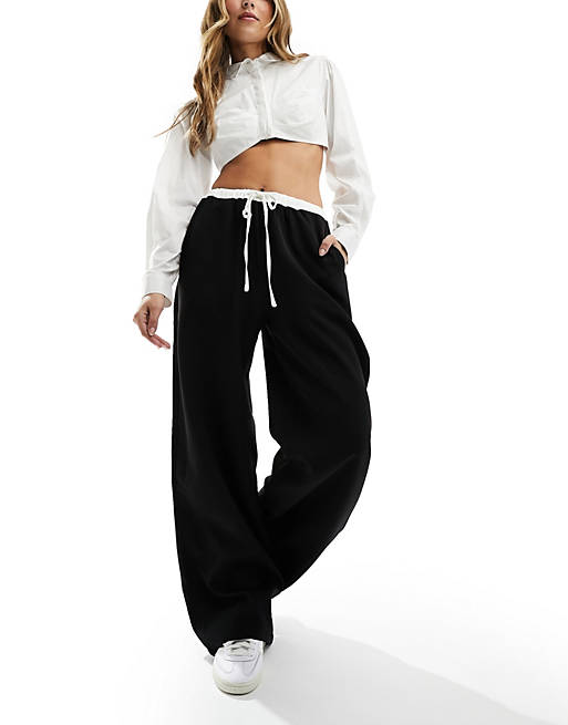 Kaiia wide leg contrast waist wide leg trousers in black and white | ASOS