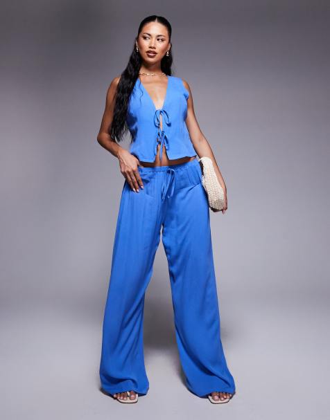 Kaiia wide leg drawstring waist pants in cobalt blue - part of a set - view 1
