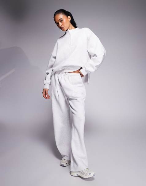 Kaiia wide leg embroidered logo trackies & oversized button up henley sweatshirt set in grey marl - view 1