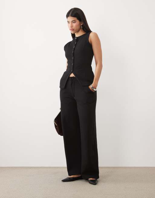 Kaiia cotton rich sleeveless button front split front sweat waistcoat top and joggers in black, 3 of 3