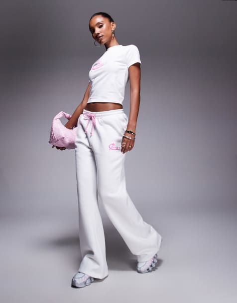 Kaiia wide leg joggers with contrast drawstring co-ord in white and pink - view 1