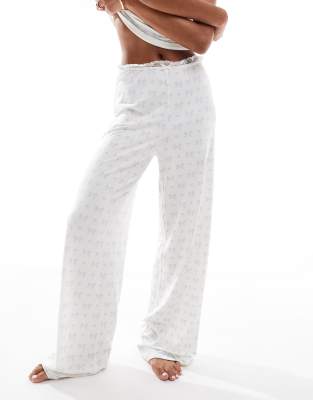 wide leg pajama bottoms in cream and blue bow print with lace trim - part of a set-Multi