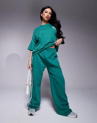 wide leg side stripe sweatpants in green - part of a set