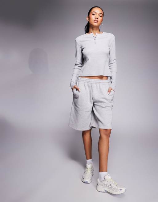 Kaiia wide leg sweatpants, baby tee, longline shorts, oversized hoodie, and button front long sleeve ribbed top set