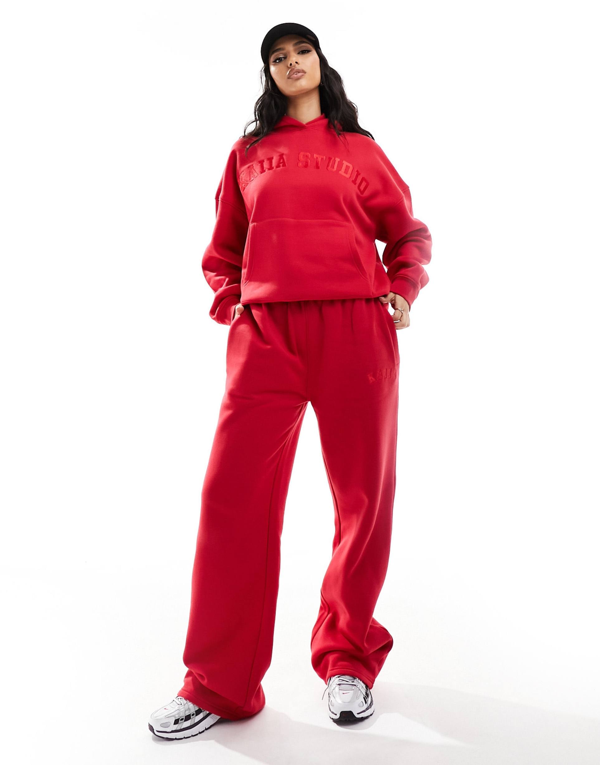 kaiia wide leg sweatpants in red - part of a set