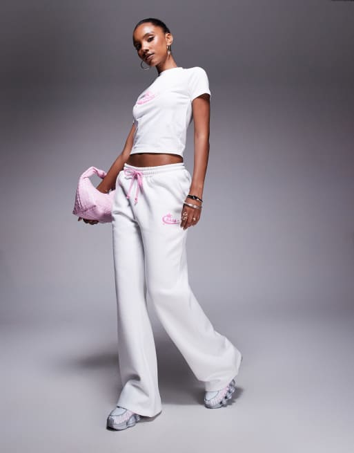 Kaiia wide leg trackies with contrast drawstring in white and pink (Part of a set)  