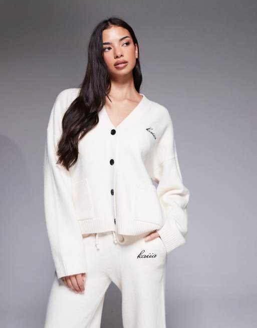Kaiia knit embroidered logo button up cardigan and wide leg pants set in cream, 2 of 3