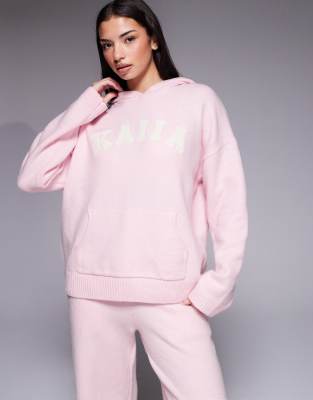 Kaiia Wool Feel Knit Embroidered Logo Hoodie In Pink
