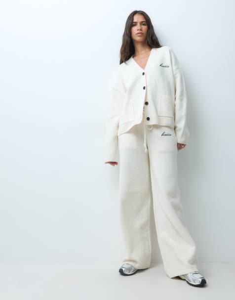 Kaiia wool feel knit embroidered logo wide leg pants in cream - part of a set - view 1