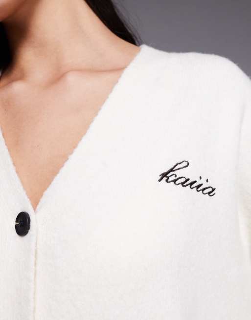 Kaiia wool feel knitted embroidered logo button through cardigan co-ord in cream, 2 of 4