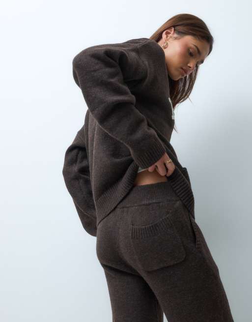 Kaiia wool feel knitted embroidered logo hoodie co-ord in chocolate, 3 of 4