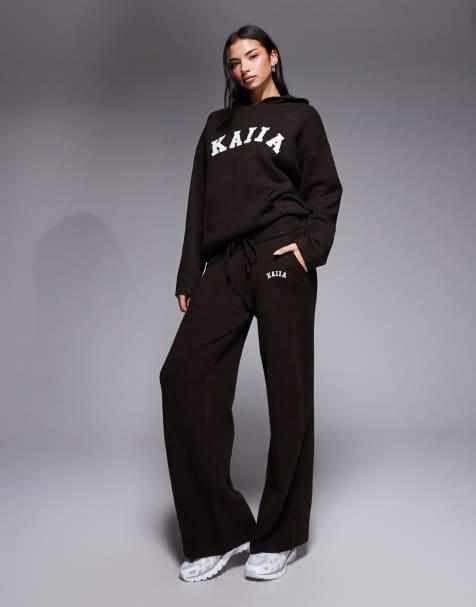 Kaiia wool feel knitted embroidered logo wide leg pants in chocolate (part of a set) - view 1
