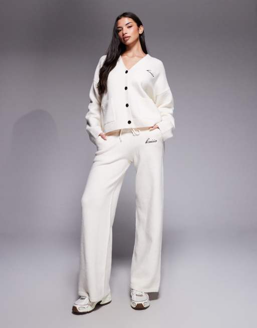 Kaiia knitted embroidered logo button through cardigan and wide leg pants set in cream, 3 of 3