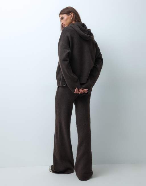 Kaiia wool feel knitted embroidered logo wide leg trouser co-ord in chocolate, 3 of 5