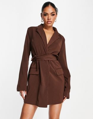 Kaiia wrap detail blazer dress in chocolate - ASOS Price Checker