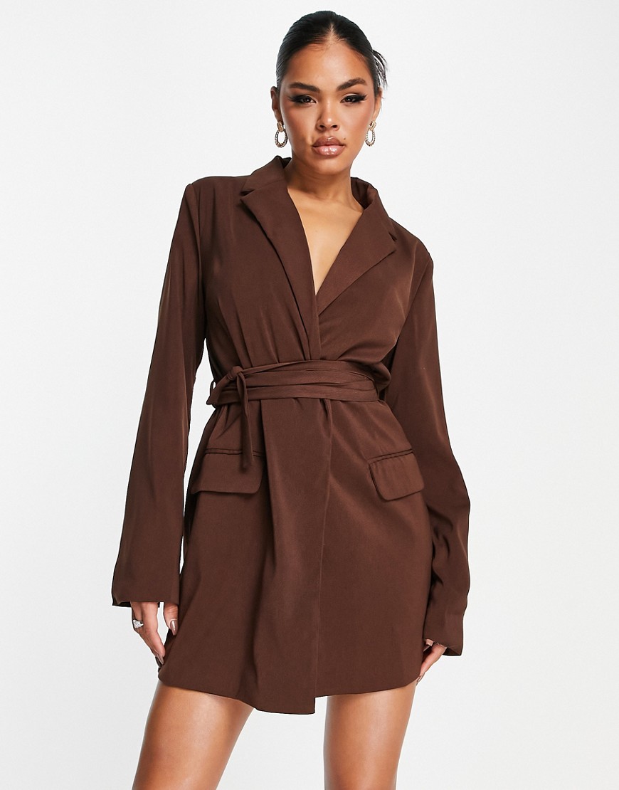 Kaiia wrap detail blazer dress in chocolate-Brown