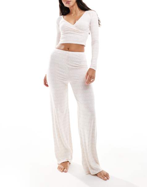 Kaiia wrap front long sleeve pyjama top co-ord in cream and pink bow print - view 1