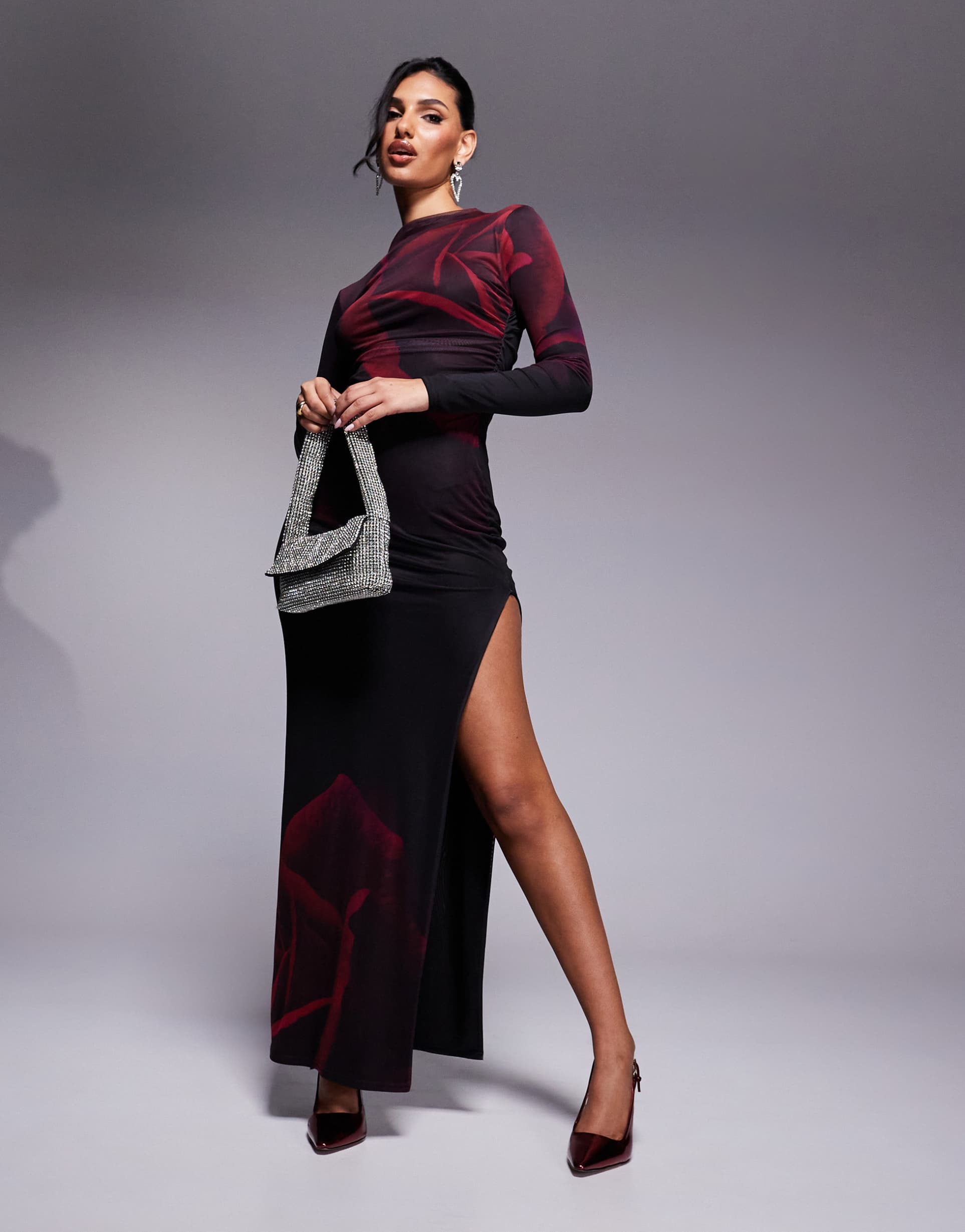 kaiia x sasha corte exclusive high neck thigh slit slinky mesh maxi dress in burgundy rose print