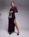 [Kaiia] Kaiia x Sasha Corte exclusive high neck thigh split slinky mesh maxi dress in burgundy rose print-Red 8 BURGUNDY