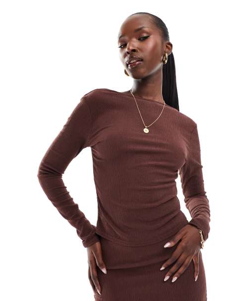Kaiia x Sasha Corte exclusive long sleeve low back top co-ord in chocolate - view 1