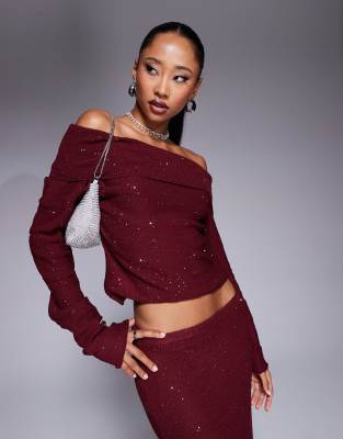 Kaiia X Sasha Corte Exclusive Sequin Bardot Long Sleeve Knitted Top In Burgundy - Part Of A Set-red