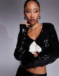 [Kaiia] Kaiia x Sasha Corte exclusive sequin contrast bow tie front top in black (part of a set) 6 BLACK