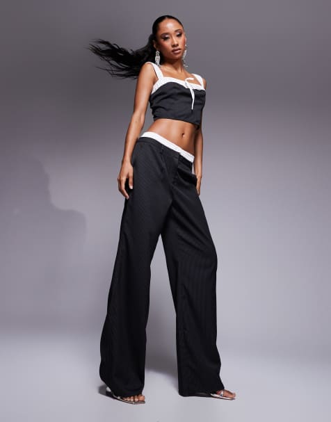 Kaiia exclusive x Sasha Corte exclusive tailored contrast waistband wide leg trousers co-ord in mono pinstripe 