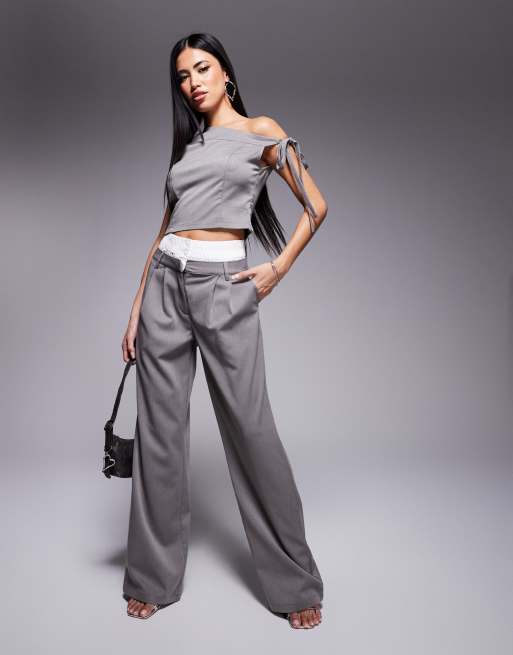 Kaiia x Sasha Corte exclusive tailored contrast waistband wide leg pants in grey (part of a set)