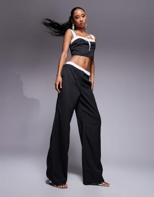 x Sasha Corte exclusive tailored contrast waistband wide leg pants in mono pinstripes - part of a set-Black