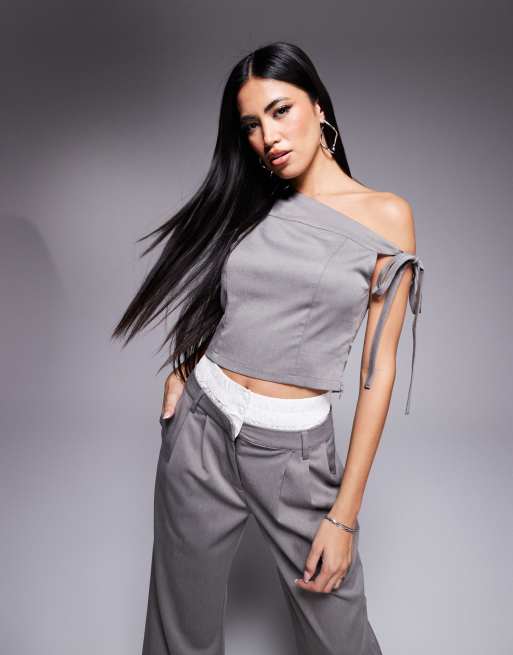 Kaiia x Sasha Corte exclusive tailored off shoulder tie detail top in gray - part of a set
