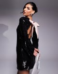[Kaiia] Kaiia x Sasha Corte exclusive wide sleeve sequin contrast satin tie bow back mini dress in black 8 Black / pink