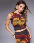 [Kaiia] Kaiia x Sasha Corte mesh floral print twist shoulder crop top in chocolate brown (part of a set) 12 Chocolate