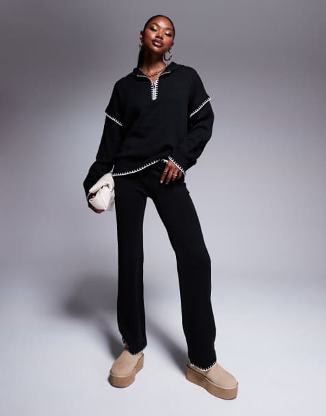 Kaiia zip through contrast stitch oversized jumper and wide leg trousers co-ord in black - view 1