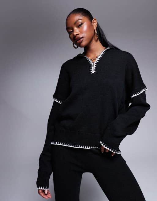 Kaiia zip through contrast stitch oversized jumper in black (part of a set)