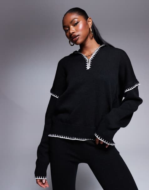 Kaiia zip through contrast stitch oversized sweater in black - part of a set - view 1