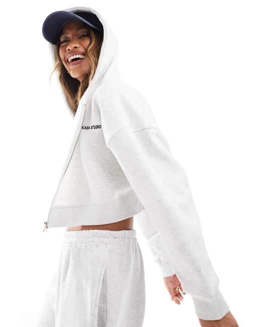 Kaiia zip through cropped hoodie in light grey (part of a set)