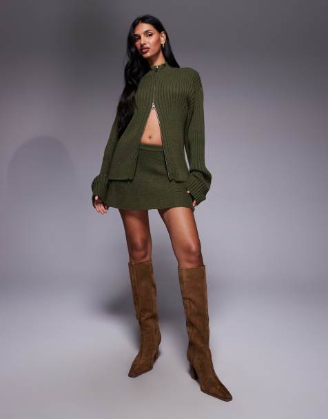 Kaiia zip through ribbed knit jumper and mini skirt co-ord in olive - view 1
