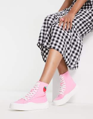 Kaltur – Knöchelhohe Sneaker aus rosa Leinen mit Erdbeer-Stickerei - LPINK