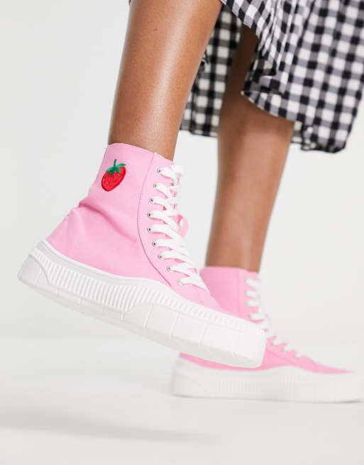 Kaltur – Knöchelhohe Sneaker aus rosa Leinen mit Erdbeer-Stickerei - LPINK, 3 von 4