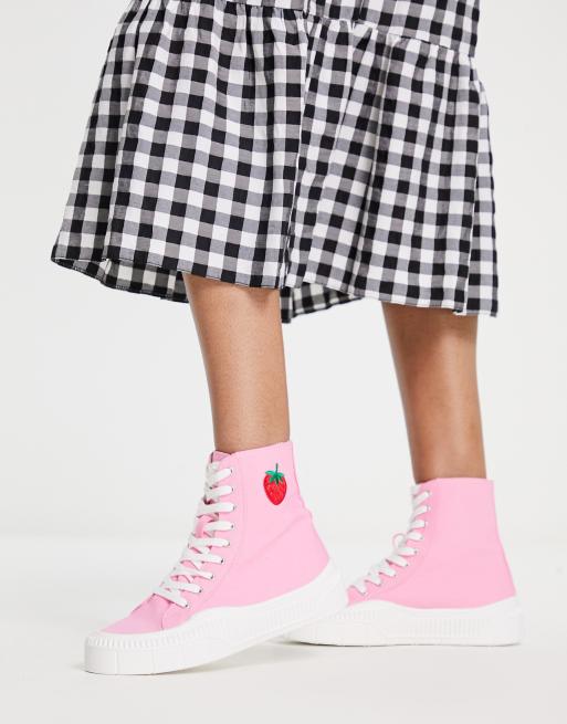 Kaltur – Knöchelhohe Sneaker aus rosa Leinen mit Erdbeer-Stickerei - LPINK, 4 von 4