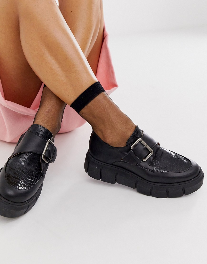 Kaltur - Sorte chunky sko med krokodilleeffekt og spændedetalje